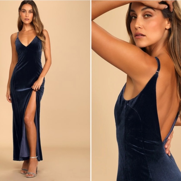 LULU's Prom Wedding Sexy Romantic Regal Elegant Blue Velvet Maxi Dress - Picture 1 of 6